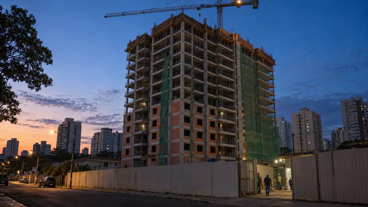 Prédio residencial em construção ao amanhecer em São Paulo, com grua, tela de proteção e operários chegando pelo portão