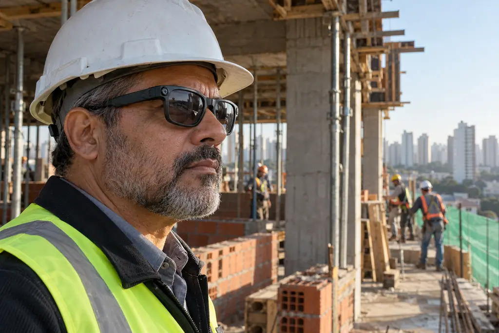 Perfil do diretor de obras usando óculos com câmera, com a estrutura de concreto desfocada ao fundo